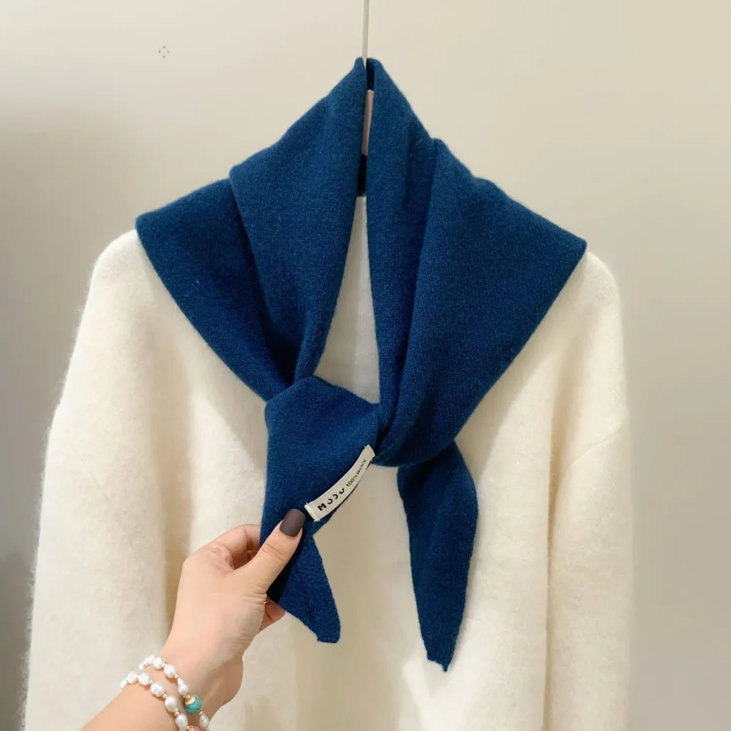 Womens Solid-Colour Wool Knit Triangle Scarf Shawl For FallWinter - Blue