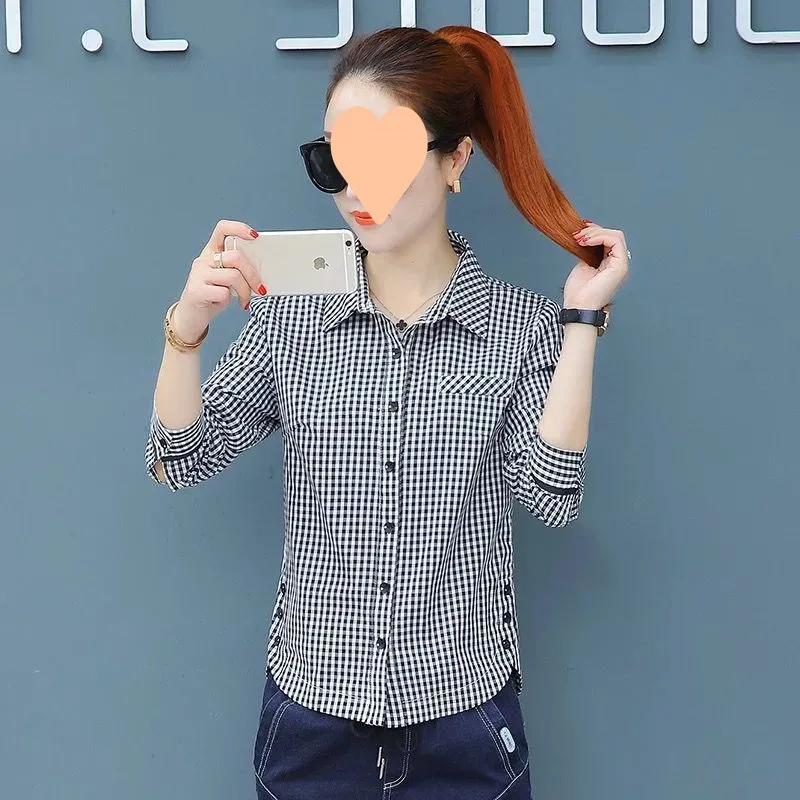 Women's Fashion Striped Western Style Shirt Top - Black Plaid