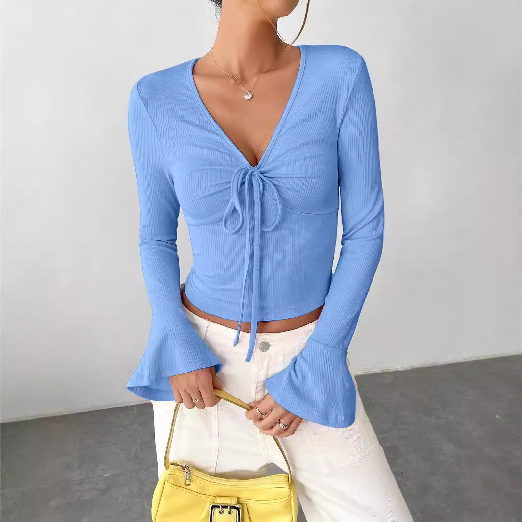 Womens Autumn City-style Blouse With A Notched Collar And Self-tie Cuffs