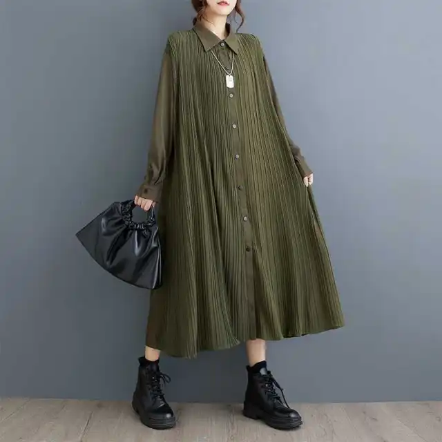 Dark Double layer Pleated Stitching Long Sleeve Dress Army Green - Shop at LoveMi