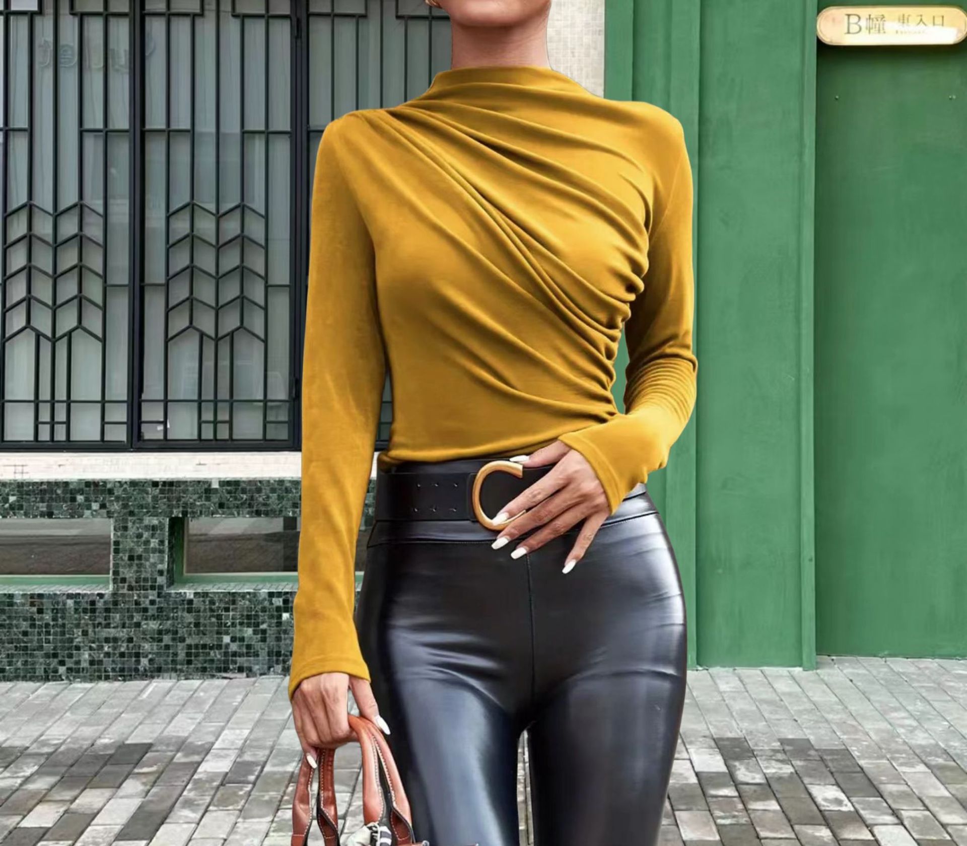 Solid Color Slim Fit Long Sleeves Top Ginger Yellow - Shop at LoveMi