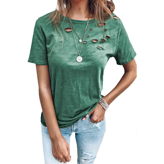 Shiying Large Size European And American Short sleeved T shirt Women's Ripped Solid Color Cross border Summer New Round Neck Pullover Women's Top ... Green - Shop at LoveMi
