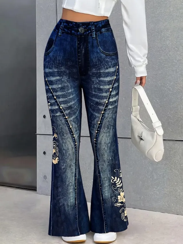 High waisted Stretchy Faux Denim Pants With A Printed Design Blue - Shop at LoveMi