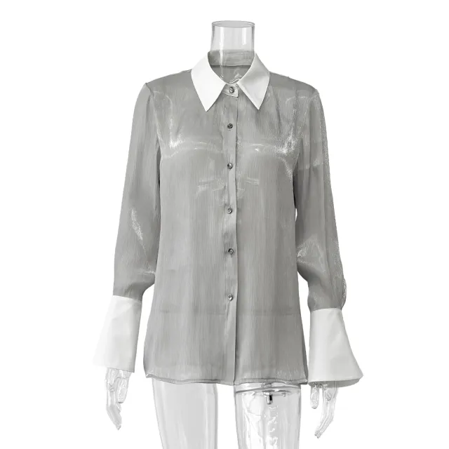 European And American Workplace Style Retro Fashion Patchwork Top Gray - Shop at LoveMi