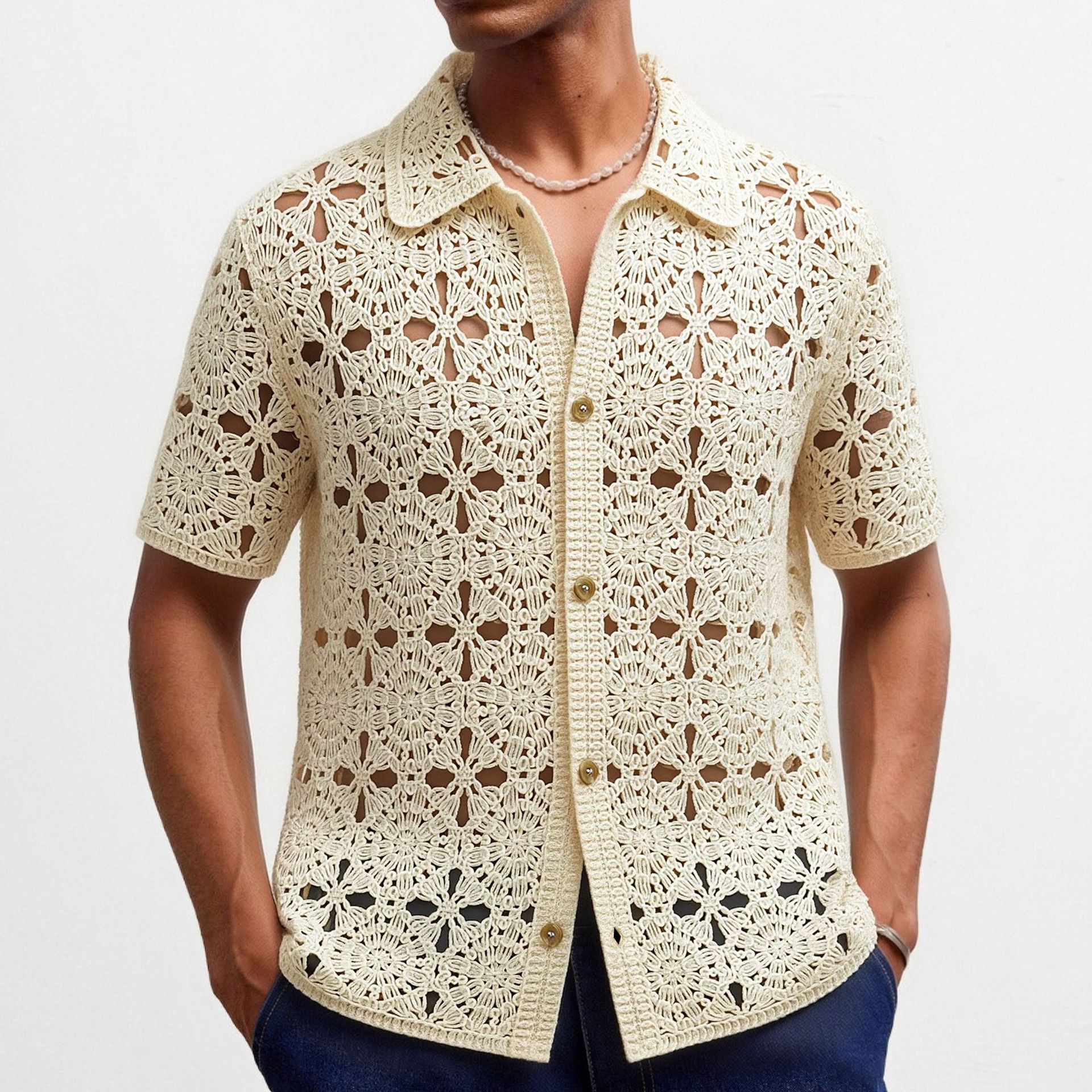 Mens Summer Hollow-Out Crochet Short-Sleeve Shirt