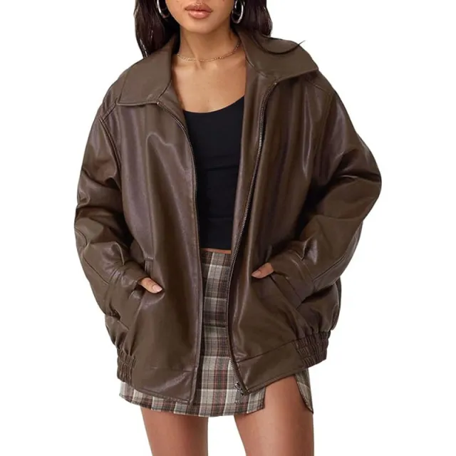 Spring And Autumn European And American Leather Jacket Locomotive Style Loose Top Coat Women Brown - Shop at LoveMi