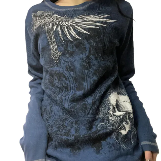 Women's Printed Long T Casual Retro Printed Top Navy Blue - Shop at LoveMi