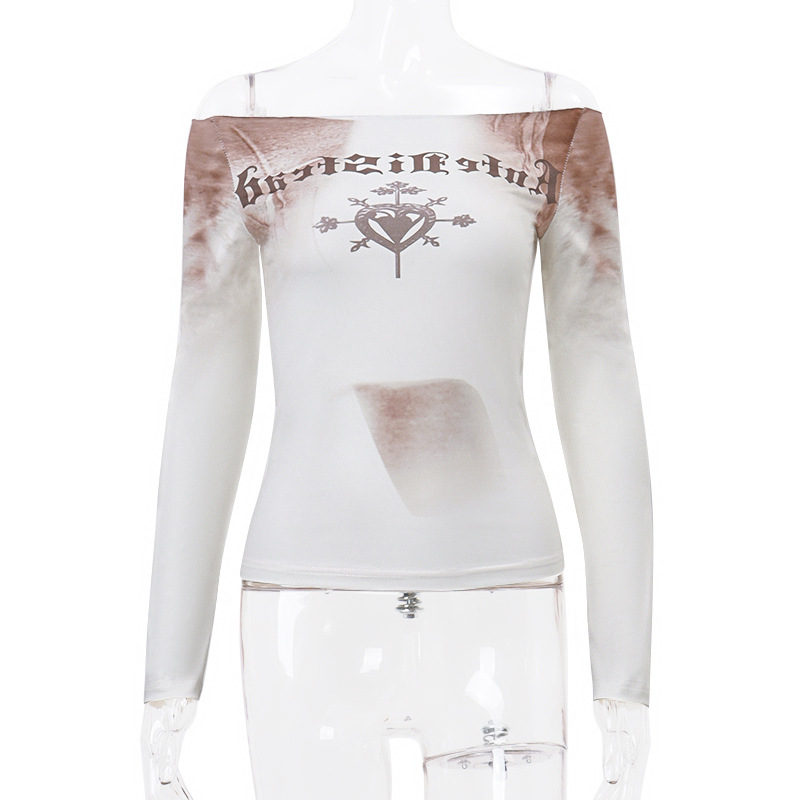 Women's Fashion Letter Vintage Print Slim T-shirt Top