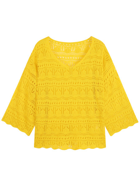 European And American Style Womens Crochet Hollow-Out Drop-Shoulder V-Neck Solid Color Long Sleeve