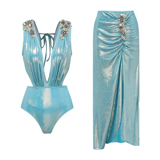 Three dimensional Decoration Sexy Spaghetti Straps One piece Swimsuit Two piece Set Blue - Shop at LoveMi