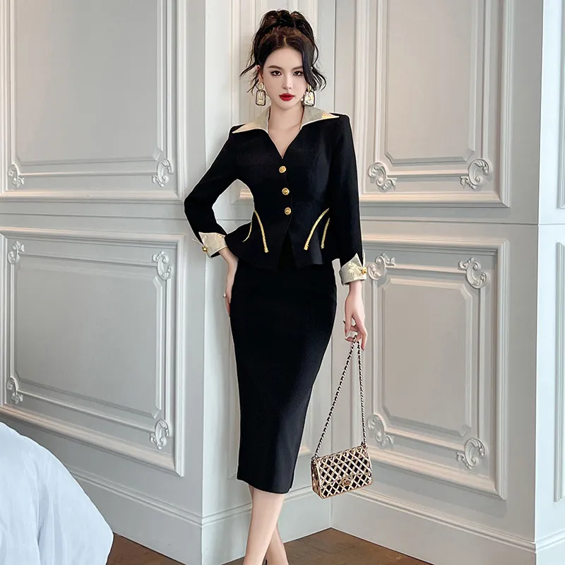 Top High Waist Sheath Skirt Two-piece Set - Black