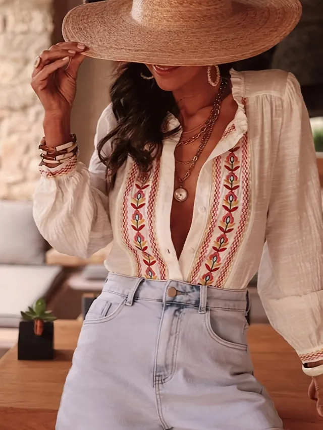 Women's Retro Ethnic Style Embroidered Long Sleeve Shirt White - Shop at LoveMi