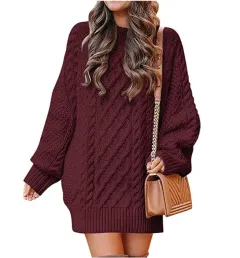 Women's Round Neck Long Sleeve Twisted Knitted Mid-length Dress Sweater - Wine - View 1