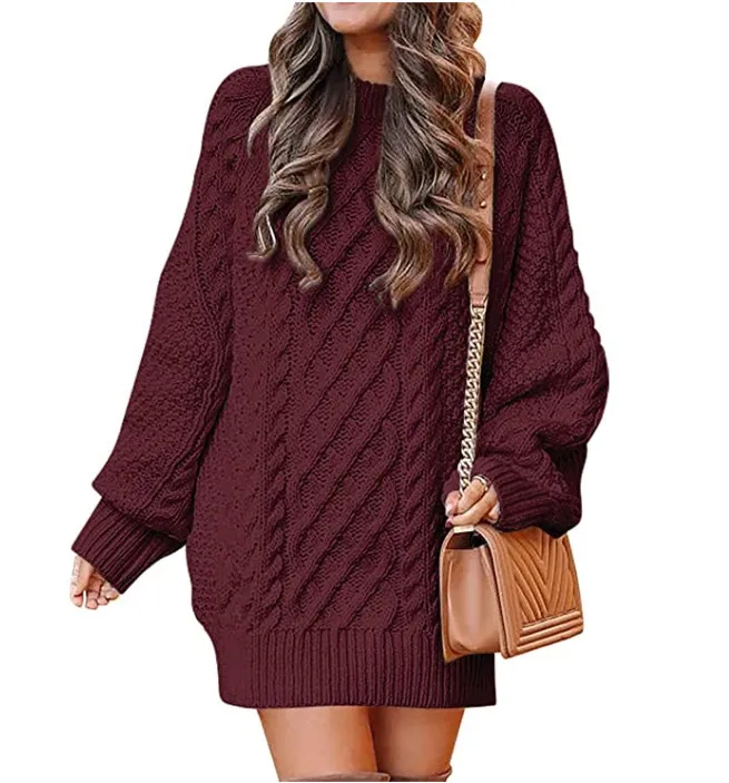 Women's Round Neck Long Sleeve Twisted Knitted Mid-length Dress Sweater - Wine
