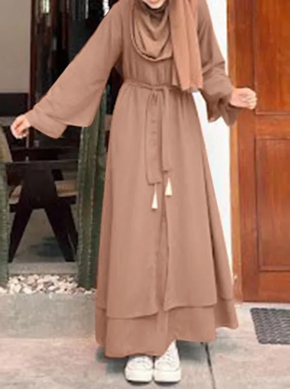 Leisure Loose Plus Size Crew Neck Belt Dress Camel - Shop at LoveMi