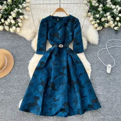 High-end Elegant Waist-tight Slimming Round Neck Five-quarter Sleeve Heavy Industry Jacquard Swing Puffy Dress - Blue - View 1