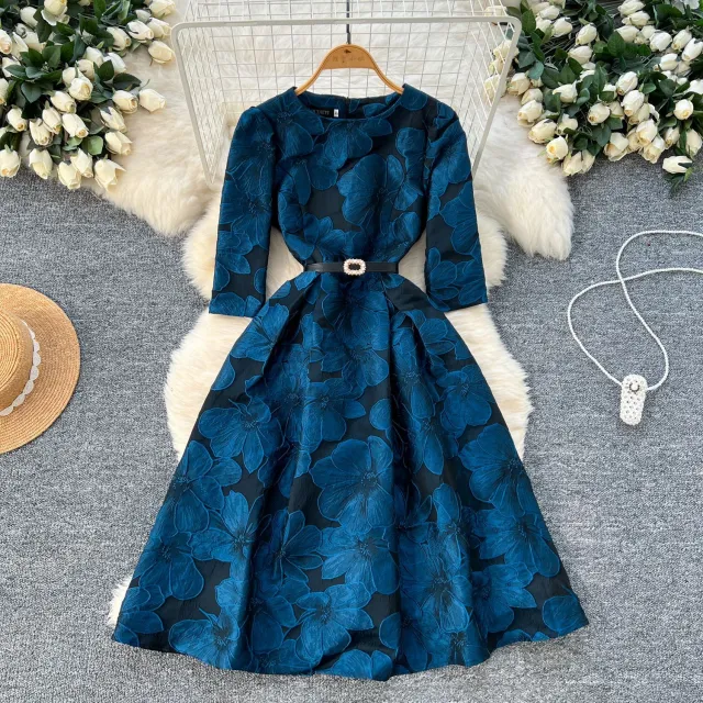 High end Elegant Waist tight Slimming Round Neck Five quarter Sleeve Heavy Industry Jacquard Swing Puffy Dress Blue - Shop at LoveMi