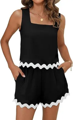 Fashion Casual Corrugated Lace Sleeveless Shorts Suit - Black - View 1