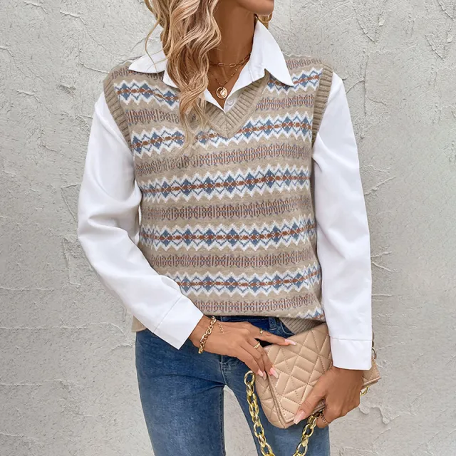 Sleeveless Top Ethnic Style Jacquard Knitted Vest Jacket Khaki - Shop at LoveMi