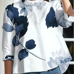 Flower Plant Print Stand Collar Long-sleeved Shirt - White - View 1