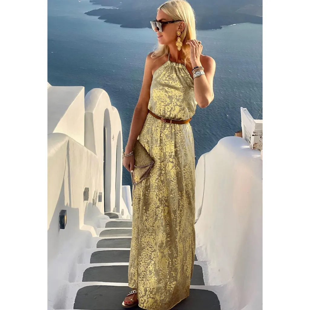 Spring And Summer Sexy Halter Off-the-shoulder Leisure Vacation Bronzing Dress - Champagne