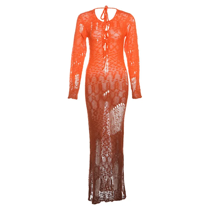 Fashion Women's Wear See-through Backless Lace Up Slim Fit Dress - Red