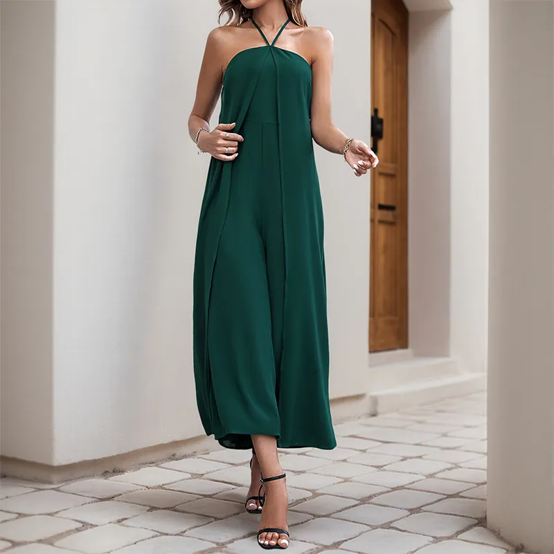Vacation Casual Solid Colour Long Halter Jumpsuit - Green