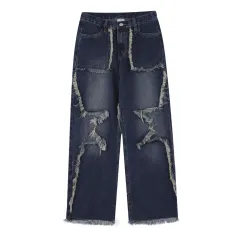 American-style Distressed Heavy Industry Straight Casual Jeans - Blue - View 1