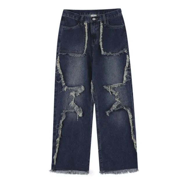 American style Distressed Heavy Industry Straight Casual Jeans Blue - Shop at LoveMi