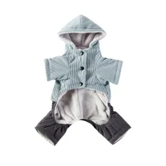 Corduroy Pet Four-legged Hooded Fleece Lined Coat - Blue Corduroy - View 1
