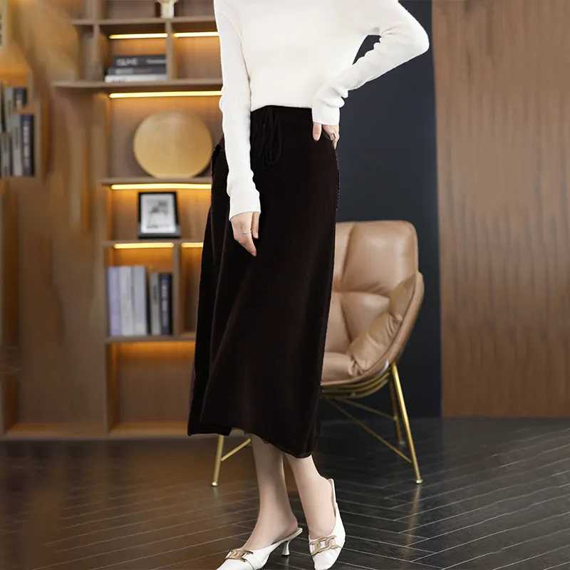 Gentle Elegant Tied Cashmere Skirt For Women - Black