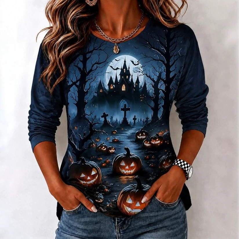 Women's Plus-Size Round-Neck Printed Long-Sleeve Top