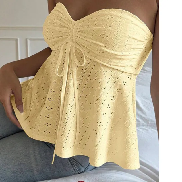 Vacation Style Sleeveless Jacquard Top Yellow - Shop at LoveMi