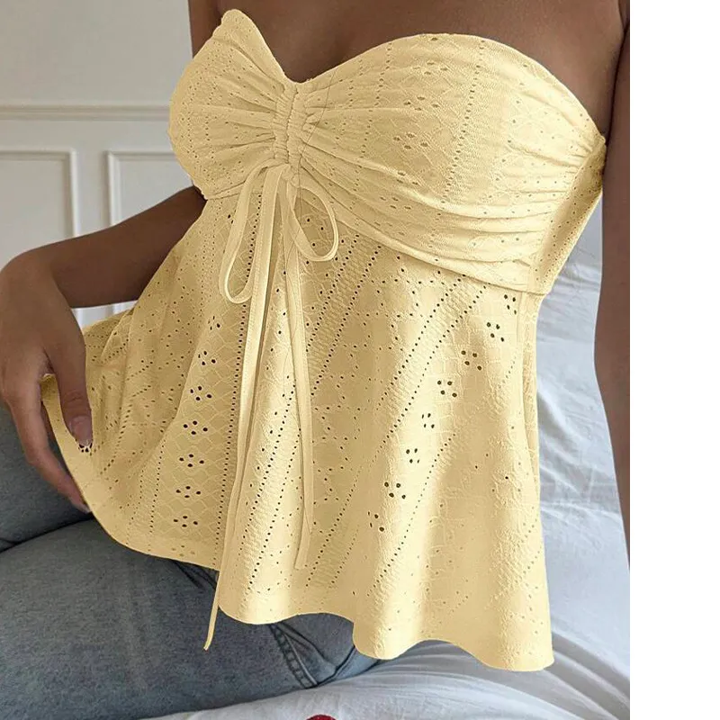 Vacation Style Sleeveless Jacquard Top - Yellow