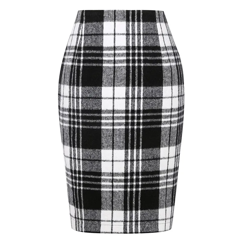 Pencil Plaid High-waist Tight Hip-hugging Midi Skirt - Black