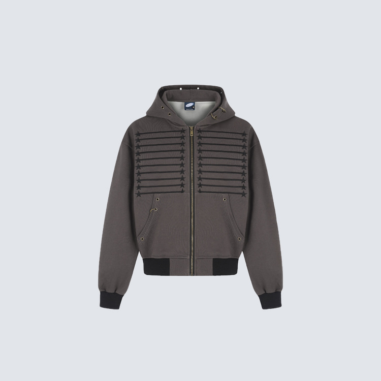 Hooded Cardigan Short-length Zip-up Sweatshirt With Star Embroidery — image 1