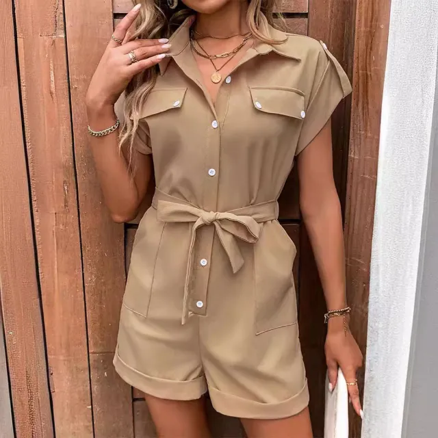Summer Commute Pocket Tied High Waist Lapel Jumpsuit Khaki - Shop at LoveMi