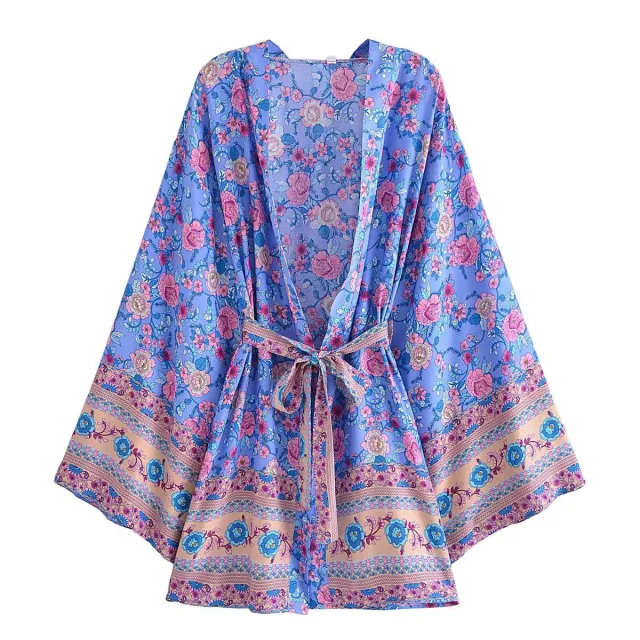 Rayon Bohemian Printed Belt Kimono Jacket Cardigan Purple - Shop at LoveMi