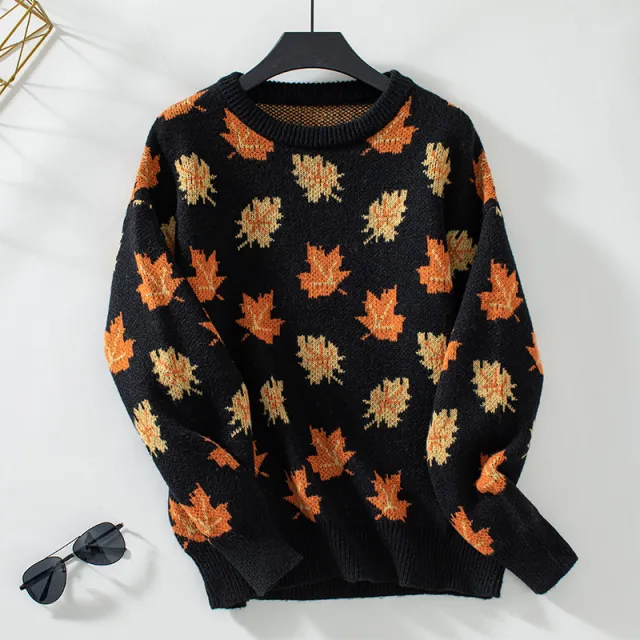 Sweater Female Maple Leaf Pattern Jacquard Leisure Pullover Black - Shop at LoveMi