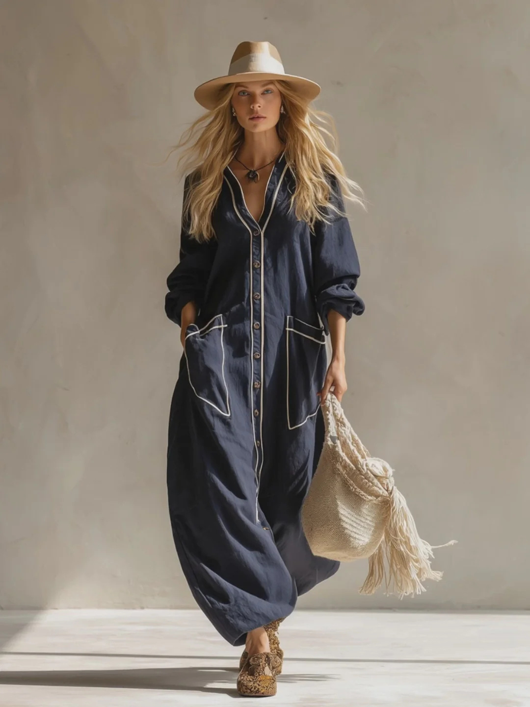 Women's Solid-Color Pullover Jumpsuit in Navy Blue – commuter style full-length polyester