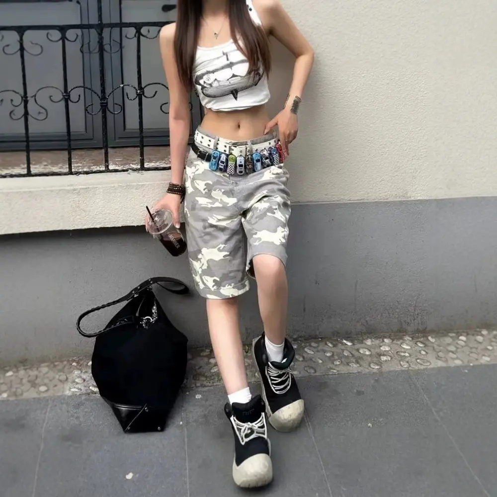 Camouflage Five-point Mid-rise Loose Straight-leg Wide-leg Jeans