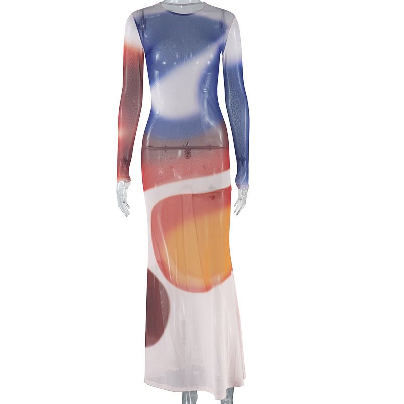 Dress Print Color block Round Neck Long Sleeve Bodycon Color - Shop at LoveMi