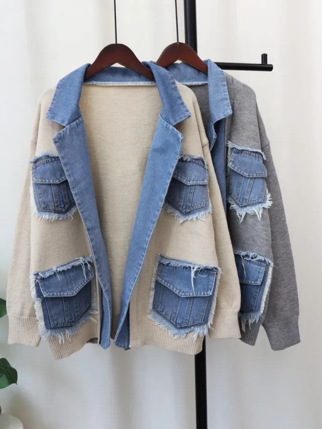 Denim Stitching Sweater Coat For Women Beige - Shop at LoveMi