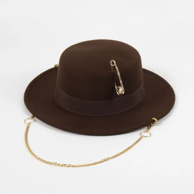 Female Felt Cap Pin Chain Decoration Flat Top Hat Dark Coffee - Shop at LoveMi