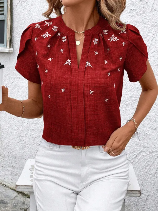 Half open Collar Short Sleeve Shoulder Creasing Printed Shirt Women's Blouse Wine - Shop at LoveMi