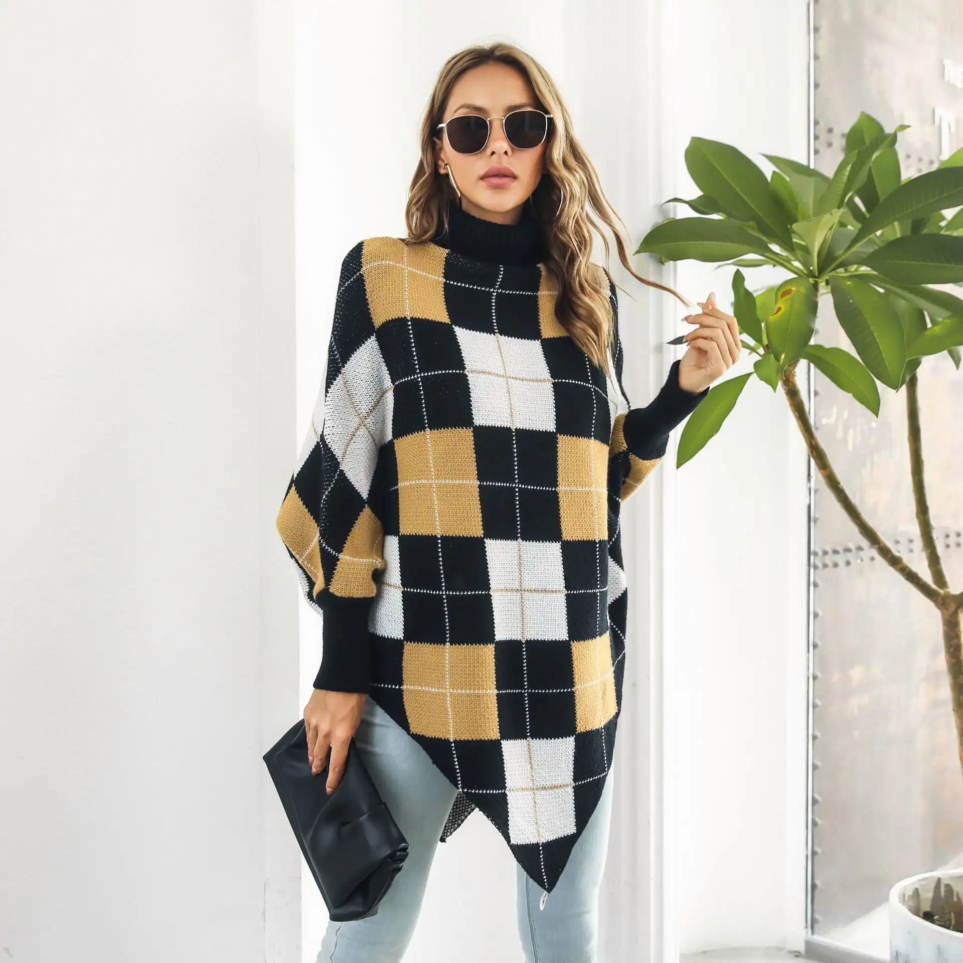 Women's Mid-length Plaid Jacquard Cape Sweater Coat