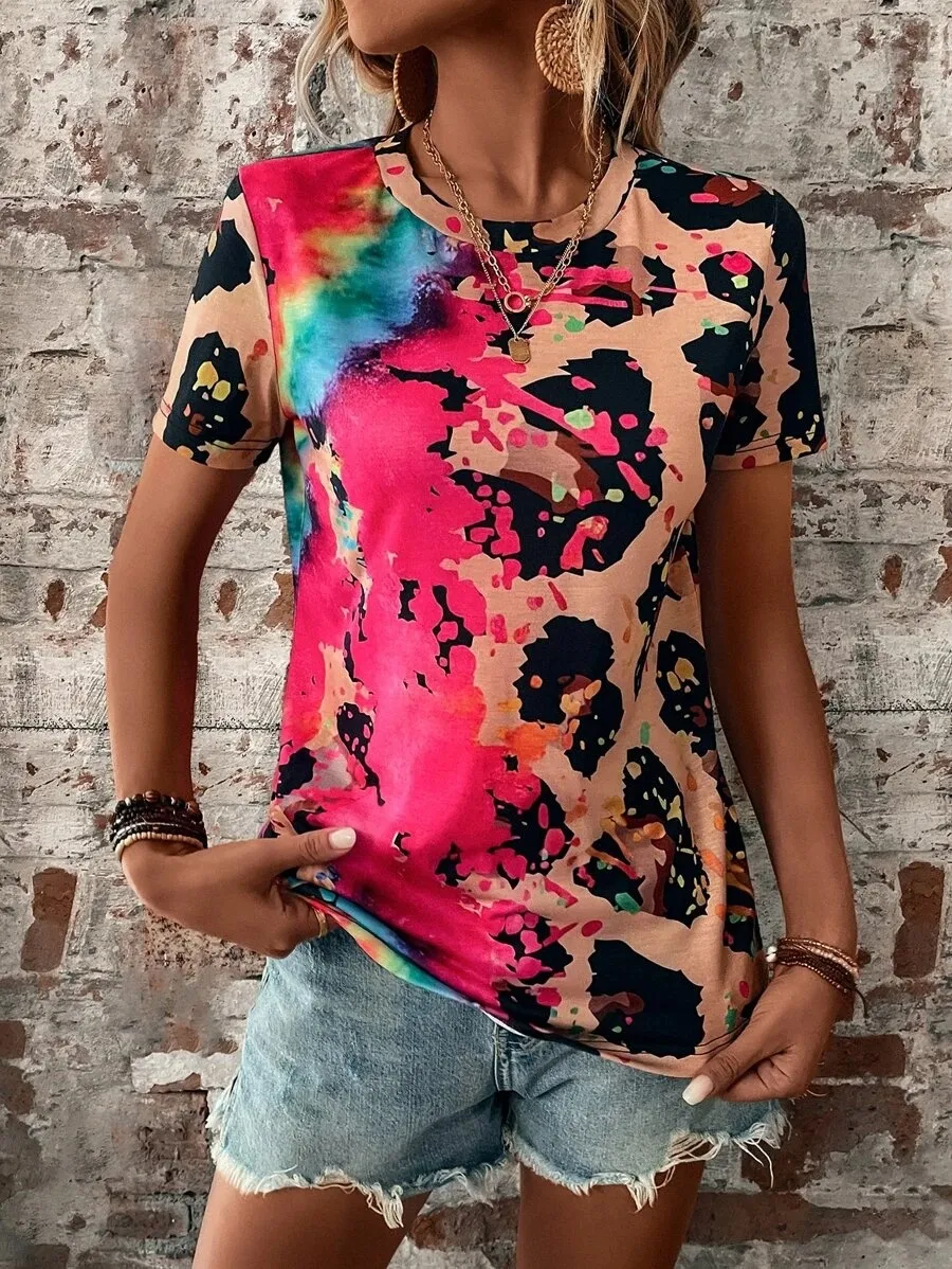 Women's Summer Fashion Painted Short-sleeved Slim T-shirt - Rose Red Leopard Dot