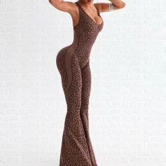 Leopard Print Printed V-neck Backless Slim Fit Halter Jumpsuit - Dark Brown - View 1