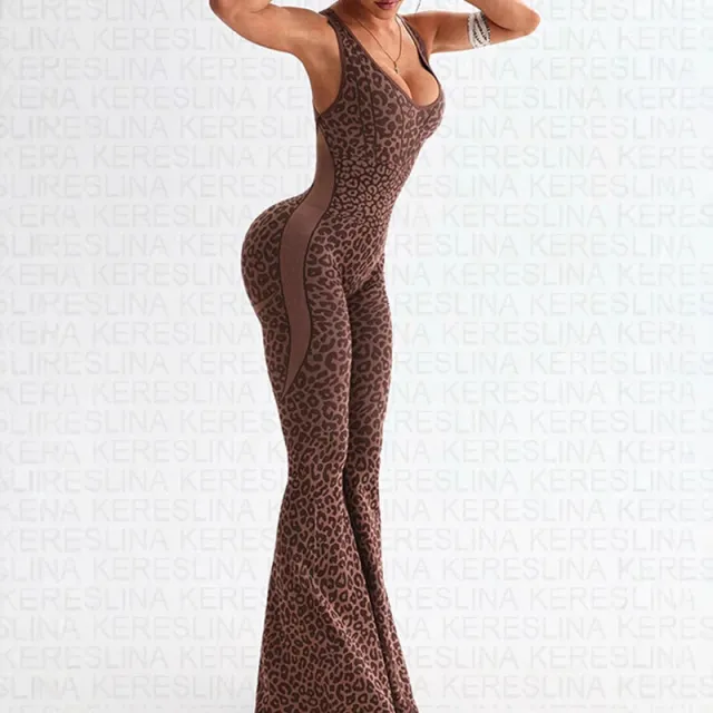 Leopard Print Printed V neck Backless Slim Fit Halter Jumpsuit Dark Brown - Shop at LoveMi