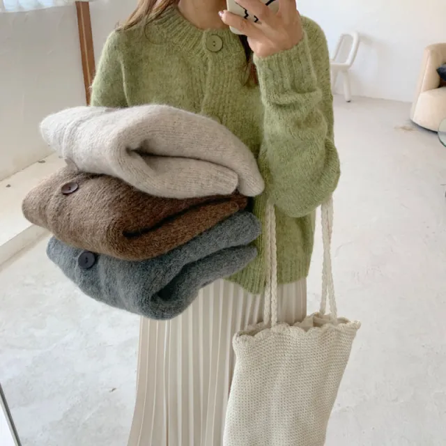 Autumn And Winter Loose Outer Wear Retro Japanese Solid Color Short Top Sweater Green - Shop at LoveMi